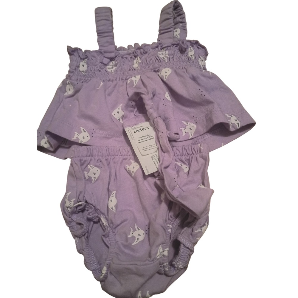 Carters Newborn 3-Piece Set Purple Fish Print Top Bloomers Headband NWT